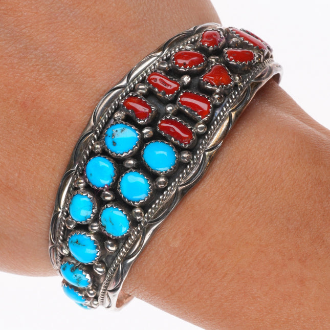 6.25" Vintage Navajo sterling silver turquoise/coral cluster cuff bracelet