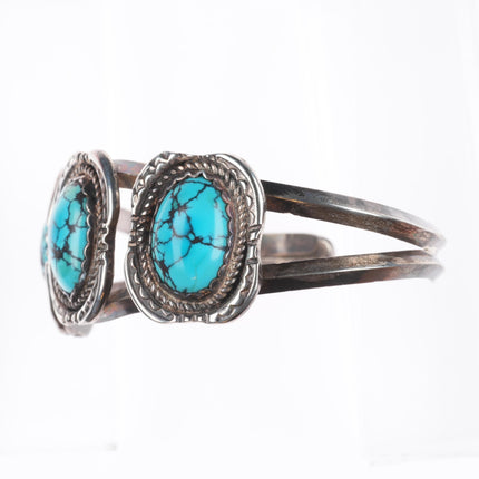 7" Vintage Navajo sterling silver spiderweb turquoise 3 stone cuff bracelet