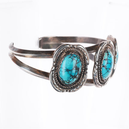 7" Vintage Navajo sterling silver spiderweb turquoise 3 stone cuff bracelet