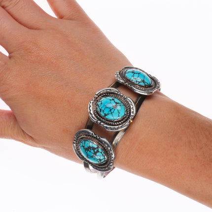 7" Vintage Navajo sterling silver spiderweb turquoise 3 stone cuff bracelet