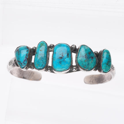 6" c1950 Vintage Navajo sterling silver abstract turquoise row cuff bracelet