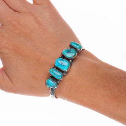 6" c1950 Vintage Navajo sterling silver abstract turquoise row cuff bracelet