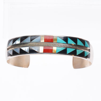 6.5" Andrew Dewa Zuni sterling silver intarsia inlay cuff bracelet turquoise