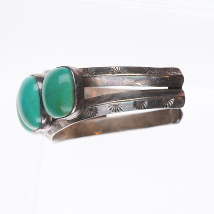 6.5" Vintage Navajo carinated sterling silver turquoise row cuff bracelet