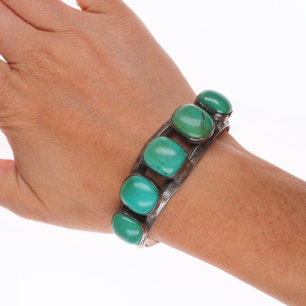 6.5" Vintage Navajo carinated sterling silver turquoise row cuff bracelet