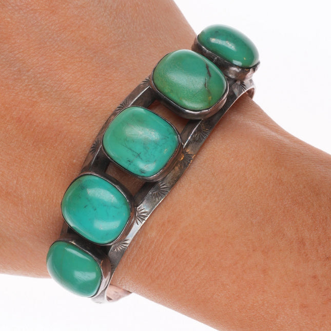 6.5" Vintage Navajo carinated sterling silver turquoise row cuff bracelet