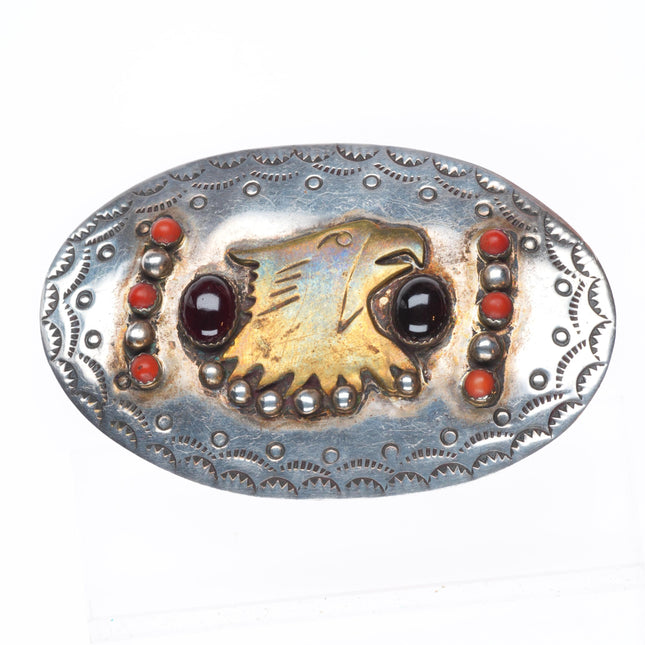 Vintage Navajo sterling silver, coral, chalcedony, onyx, brass eagle belt buckle