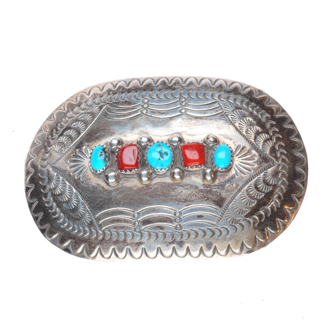 DC Thomas Vintage Navajo sterling silver turquoise/coral stamped belt buckle