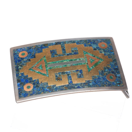 c1960's Taxco Sterling silver Chrysocolla inlay mixed metals/ brass belt buckle