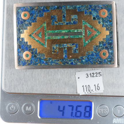 c1960's Taxco Sterling silver Chrysocolla inlay mixed metals/ brass belt buckle