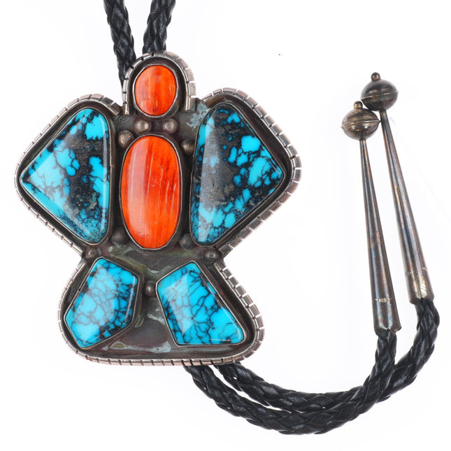Wilbur Anderson Navajo butterfly form spiderweb turquoise/spiny oyster bolo tie