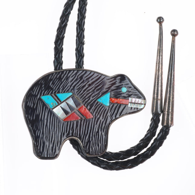Vintage Zuni sterling silver carved bear intarsia inlay turquoise/coral bolo tie