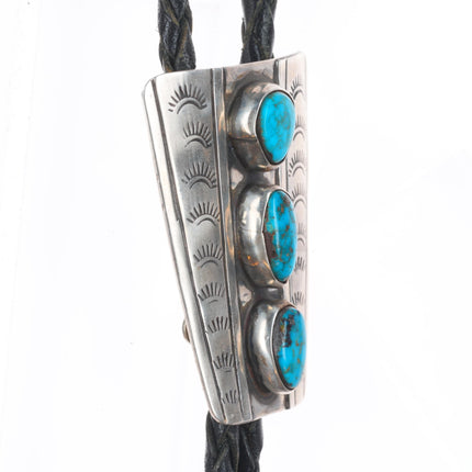 c1970 Vintage Navajo sterling silver hand stamped 3 stone turquoise bolo tie