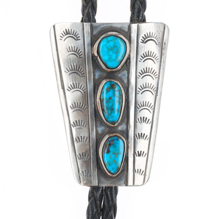 c1970 Vintage Navajo sterling silver hand stamped 3 stone turquoise bolo tie