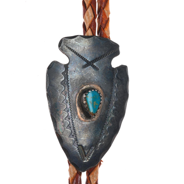 c1950 Vintage Navajo sterling silver Blue Gem turquoise arrowhead bolo tie