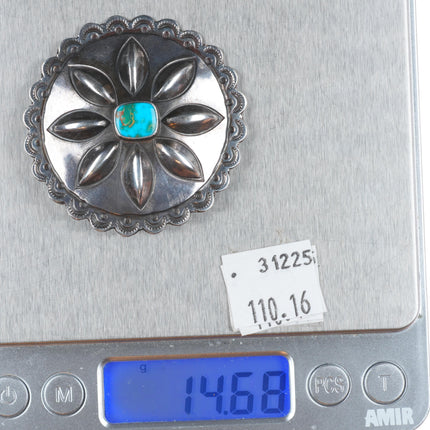c1940's vintage Navajo Blue Gem turquoise sterling silver repousse pin/brooch