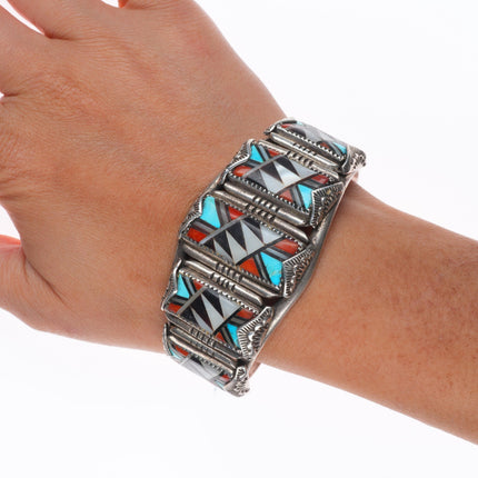 6.75" Nicholas-Theresa Leekela Zuni intarsia inlay sterling silver cuff bracelet
