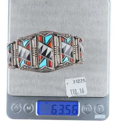 6.75" Nicholas-Theresa Leekela Zuni intarsia inlay sterling silver cuff bracelet