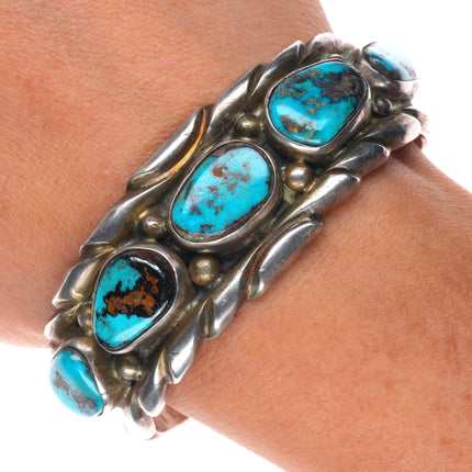 6.25" Vintage Navajo Pilot Mountain turquoise sterling silver row cuff bracelet