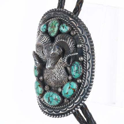 c1970 Heavy Vintage WM Navajo sterling silver ram bolo tie w/nice turquoise