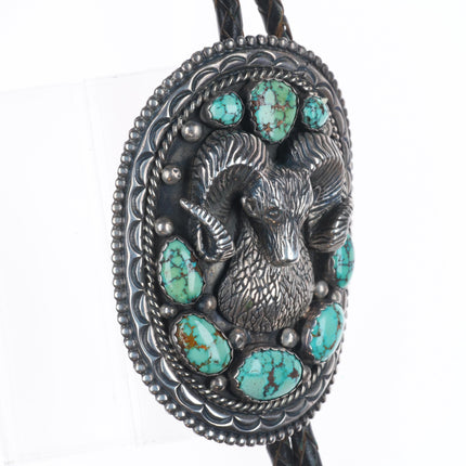 c1970 Heavy Vintage WM Navajo sterling silver ram bolo tie w/nice turquoise