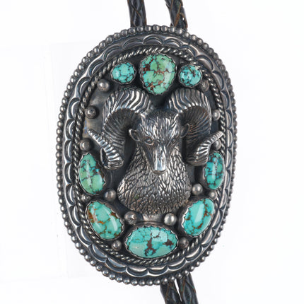 c1970 Heavy Vintage WM Navajo sterling silver ram bolo tie w/nice turquoise