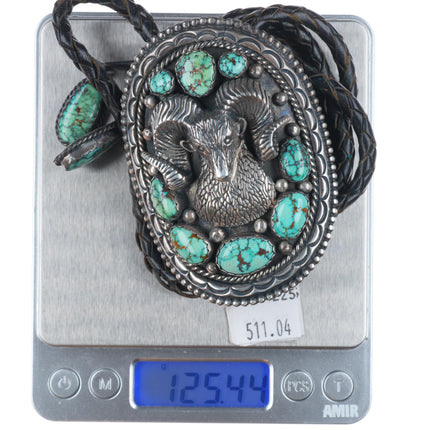 c1970 Heavy Vintage WM Navajo sterling silver ram bolo tie w/nice turquoise