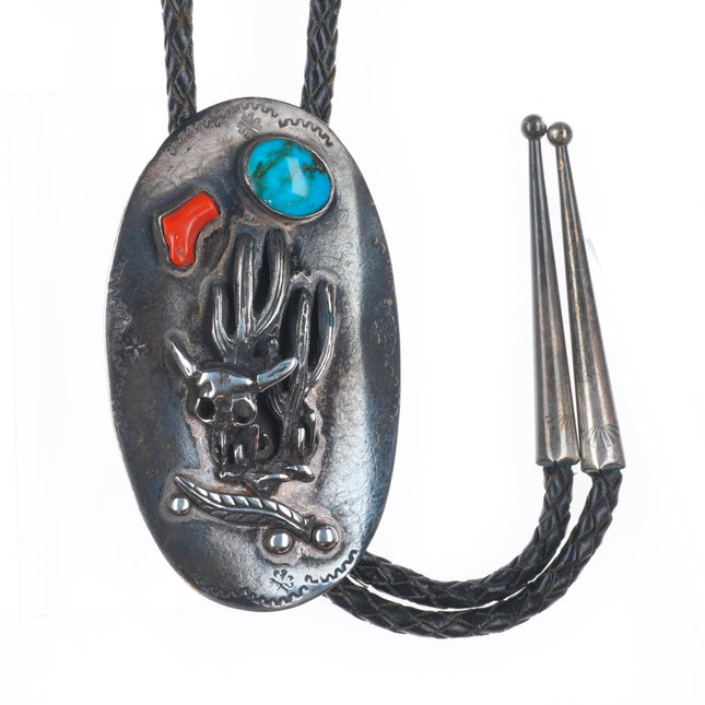 Vintage PJ Navajo sterling silver saguaro cactus, turquoise, coral bolo tie