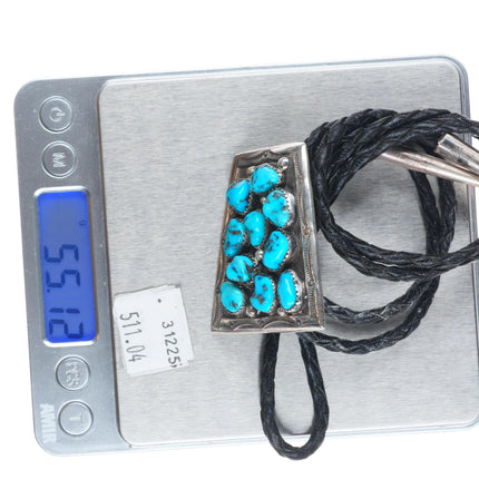 W Chee Vintage Navajo sterling silver turquoise cluster bolo tie