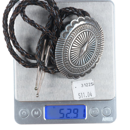 Big vintage Navajo sterling silver deep stamped concho style bolo tie