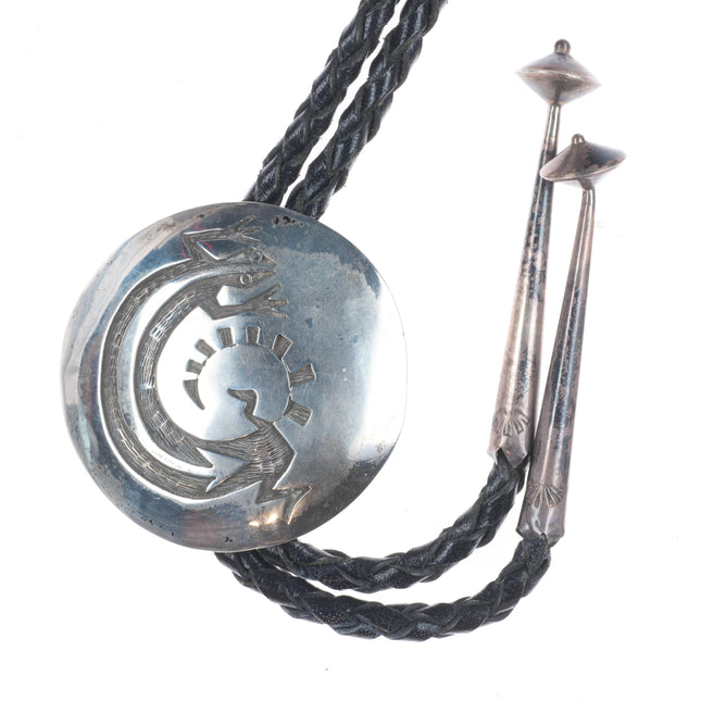Bill Setalla Hopi Vintage sterling silver overlay style bolo tie salamander