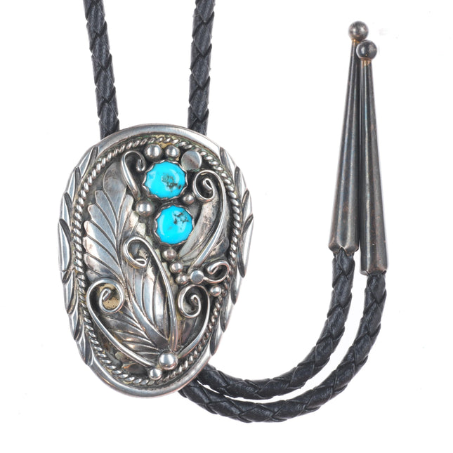 MS Vintage Navajo sterling silver 1980's 2 stone turquoise bolo tie