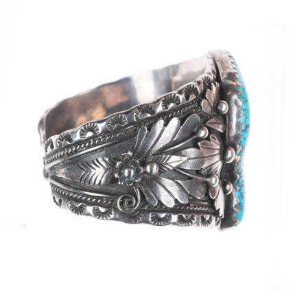 6.5" 1970's Vintage ET Navajo sterling silver spiderweb turquoise cuff bracelet