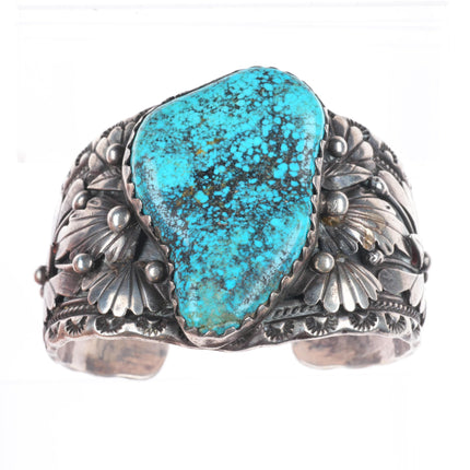 6.5" 1970's Vintage ET Navajo sterling silver spiderweb turquoise cuff bracelet