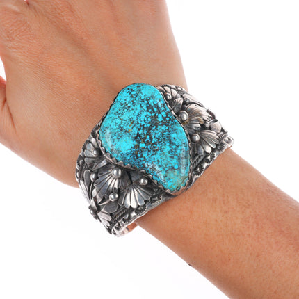 6.5" 1970's Vintage ET Navajo sterling silver spiderweb turquoise cuff bracelet