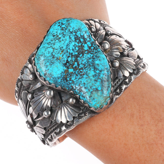 6.5" 1970's Vintage ET Navajo sterling silver spiderweb turquoise cuff bracelet