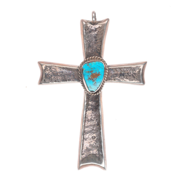 Big vintage Navajo Tufa cast sterling silver cross with turquoise