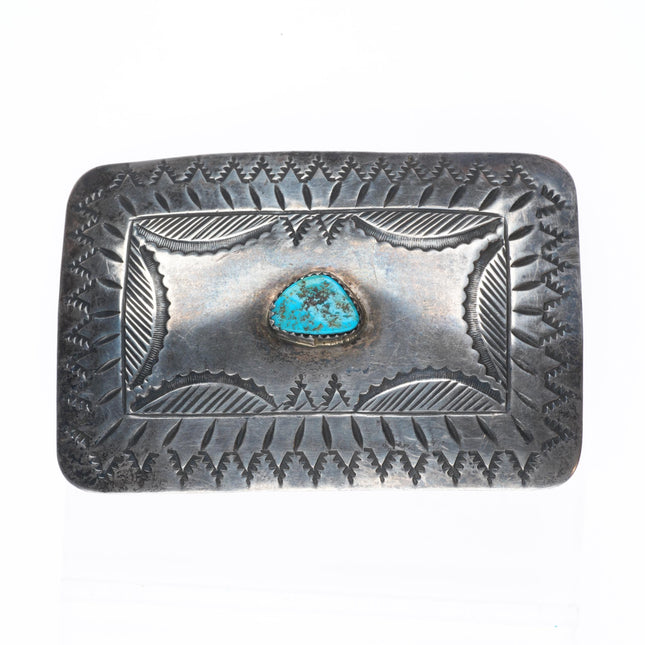 WD Vintage Navajo sterling silver nicely stamped belt buckle with turquoise