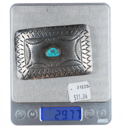 WD Vintage Navajo sterling silver nicely stamped belt buckle with turquoise
