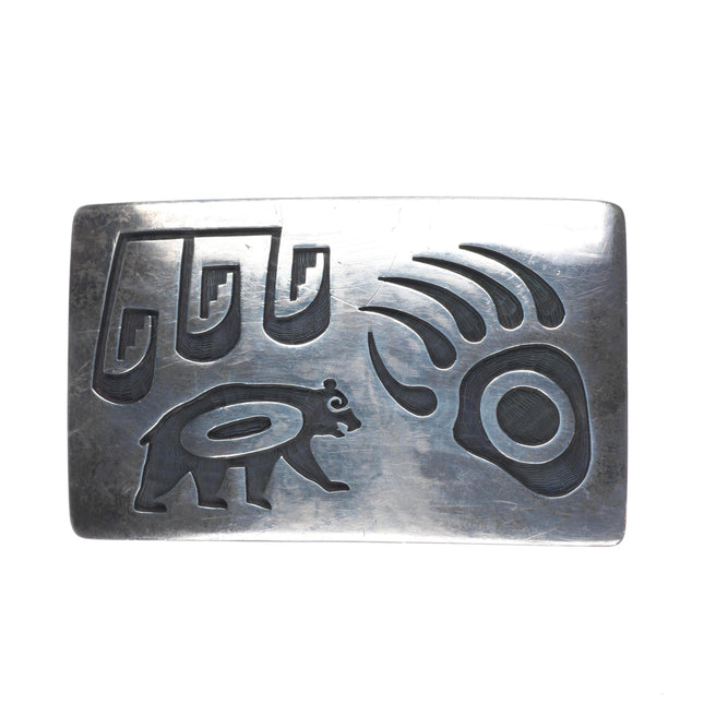 Vintage Hopi Overlay bear paw belt buckle sterling silver