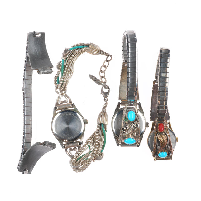 4 Vintage Navajo sterling silver turquoise/coral ladies watch tips b