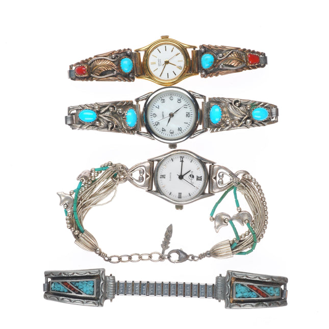 4 Vintage Navajo sterling silver turquoise/coral ladies watch tips b