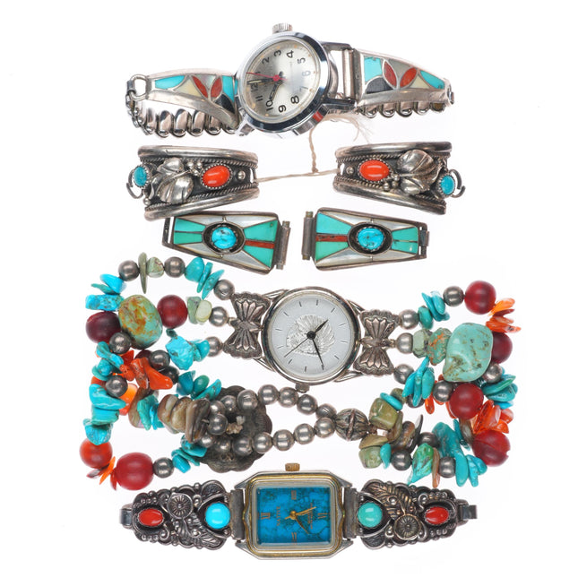 5 Vintage Navajo/Zuni sterling silver turquoise/coral ladies watch tips