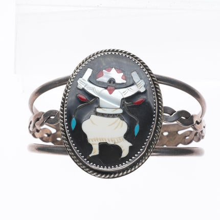 6.3" Vintage Zuni sterling silver intarsia inlay Ghan dancer cuff bracelet