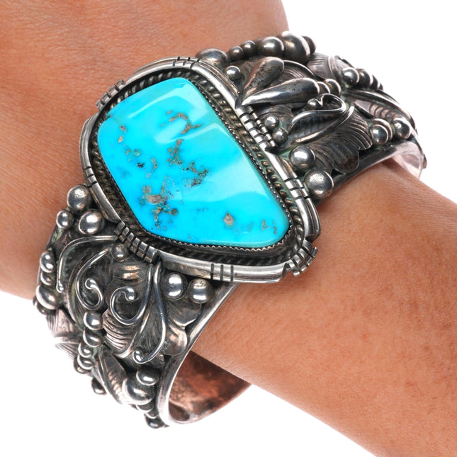 7.25" Vintage Sylvia Chee Navajo sterling silver Kingman turquoise cuff bracelet