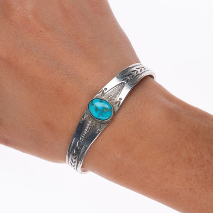 6.25" 1930's Navajo Ingot silver deep stamped cuff bracelet with nice turquoise