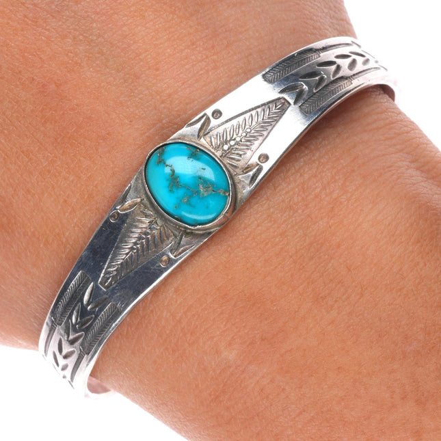 6.25" 1930's Navajo Ingot silver deep stamped cuff bracelet with nice turquoise