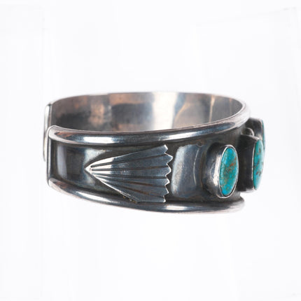 6.75" Vintage Navajo Morenci Turquoise row cuff bracelet sterling silver