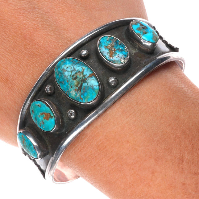 6.75" Vintage Navajo Morenci Turquoise row cuff bracelet sterling silver