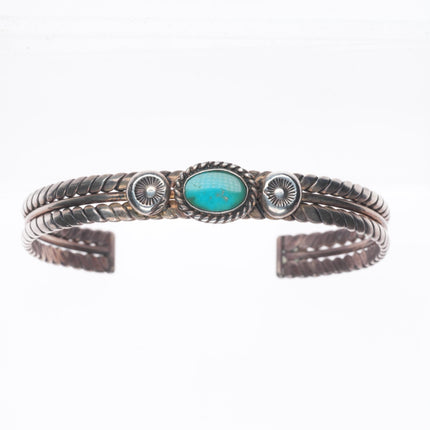 6.4" 1930's Vintage Navajo sterling silver twisted wire turquoise cuff bracelet